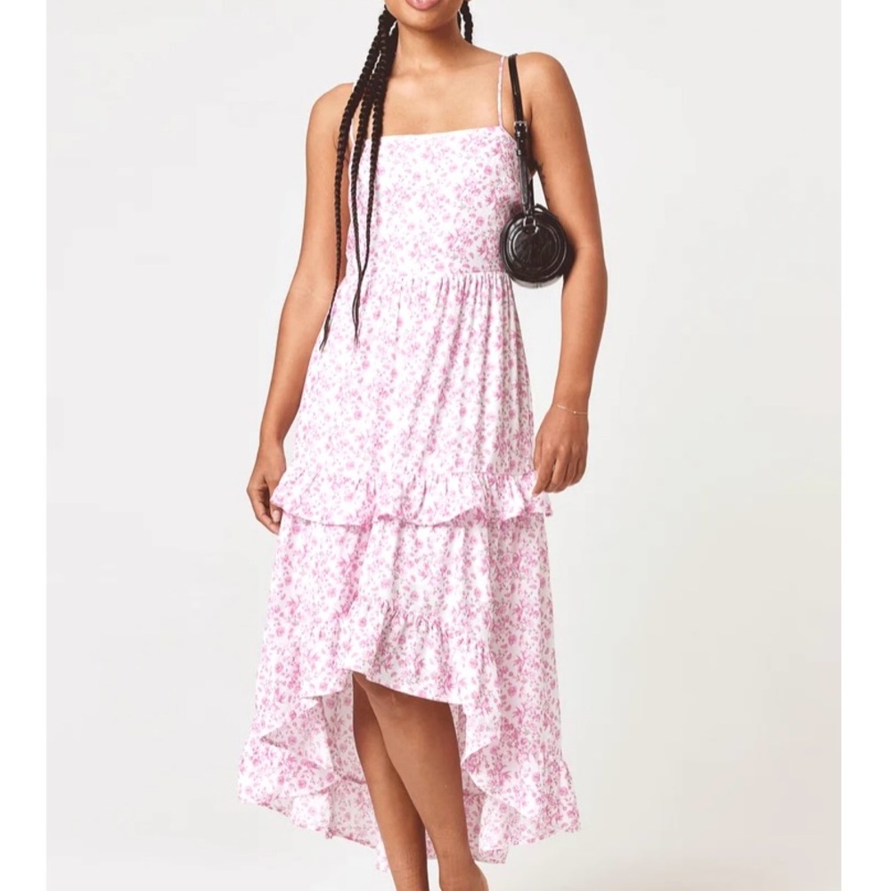 Trixxi Pink High Low Midi Dress Tiered Skirt Floral Romantic Summer SZ M NWT